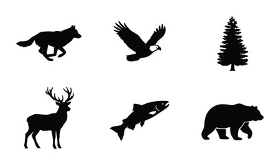 Obraz premium Wild Animal Silhouettes: Forest Creatures, Birds, and Fish Vector Icons for Nature Graphics