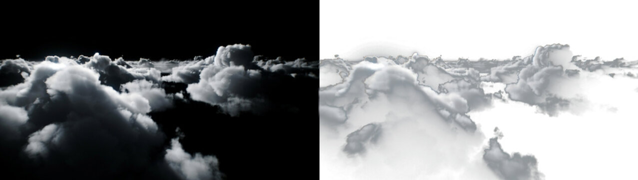 Aerial view of fluffy white clouds against a dark sky and a highkey bright sky, split screen composition showing contrast in atmospheric lighting isolated on transparent background