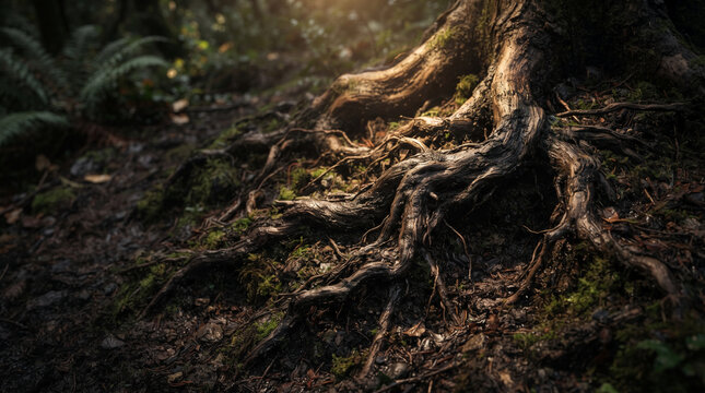 Gnarled ancient tree roots covered in moss on a forest floor