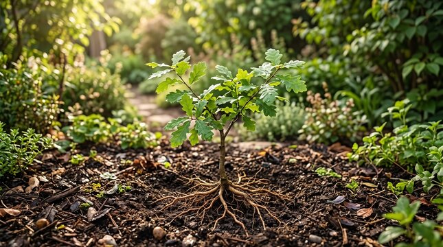 Young oak sapling with visible root system growing in rich garden soil