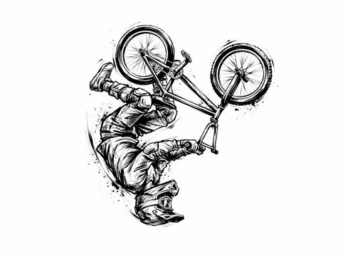 A detailed black and white illustration of a BMX rider performing an aerial stunt.