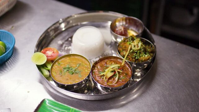 Traditional Indian Thali Platter with Curry, Dal, and Steamed Rice