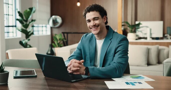 Laptop, face and man with finance documents, graph or statistics for investment analysis. Portrait, business and person with computer, paperwork or chart for financial review, research or opportunity