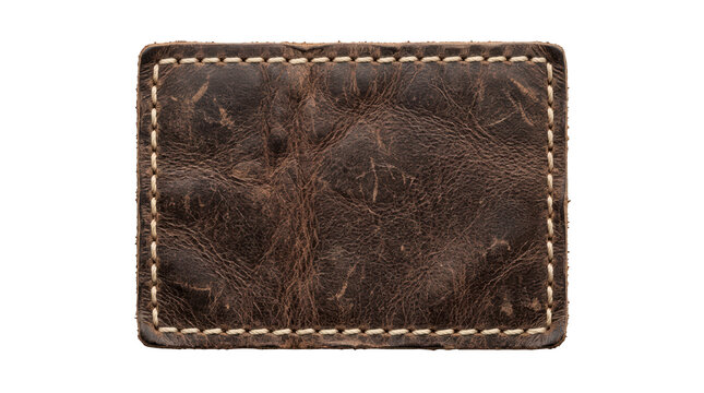 Rectangular brown leather patch with white stitching isolated on transparent background