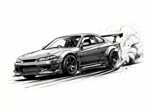 A dynamic black and white sketch of a drifting Nissan Silvia S15 sports car.