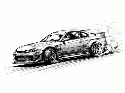 A dynamic sketch of a modified Nissan Silvia S15 drifting on a track.