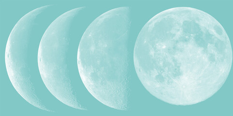 Moon phases vector illustration set. Features different lunar cycles from crescent moon to full moon on a teal background. Clean minimal design for astronomy and astrology concepts. © Naureen