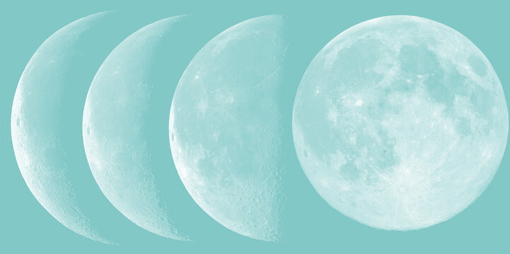 Moon phases vector illustration set. Features different lunar cycles from crescent moon to full moon on a teal background. Clean minimal design for astronomy and astrology concepts.