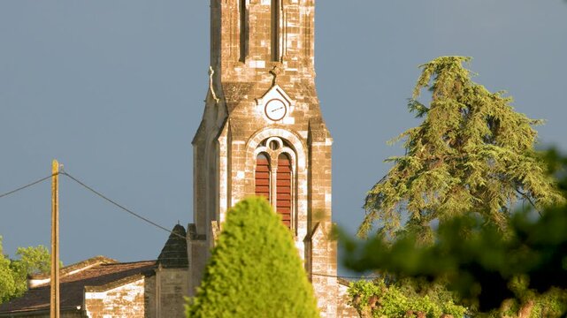 Historic Stone Church Spire in Saint-Emilion Bordeaux Rural Countryside