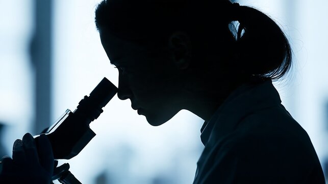 Silhouette profile of a female scientist looking into a microscope in a high-tech laboratory