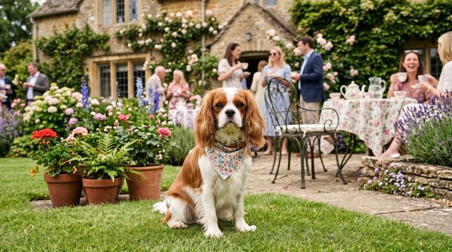 A cavalier king charles spaniel wearing a floral bandana sitting on a green lawn during an outdoor garden party gathering