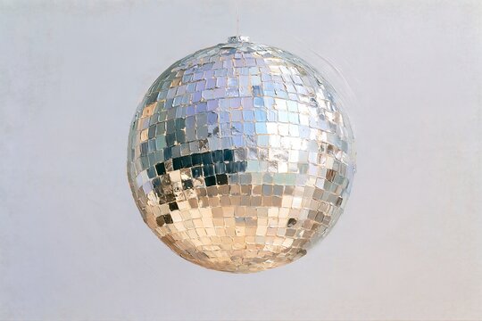 Classic mirror disco ball floating against a clean minimalist light gray background