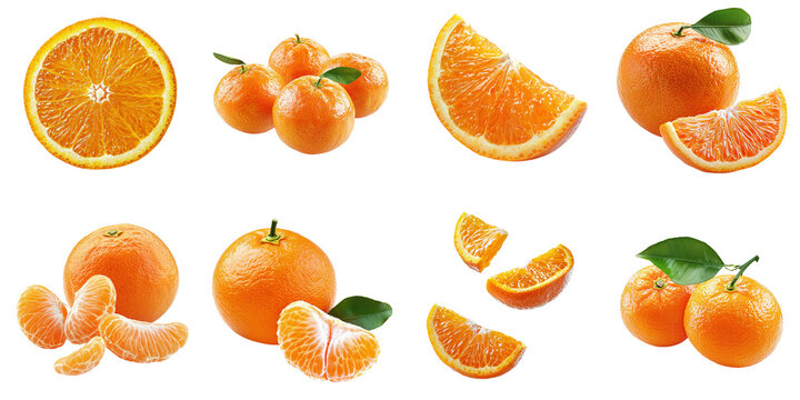 Set of ripe mandarins, from different angles, sliced, isolated on a transparent background PNG, cutout, mockup