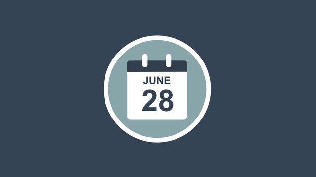 Minimalist flat calendar animation featuring the date june 28th isolated on a dark blue background, for business scheduling, event planning, and, time management presentations