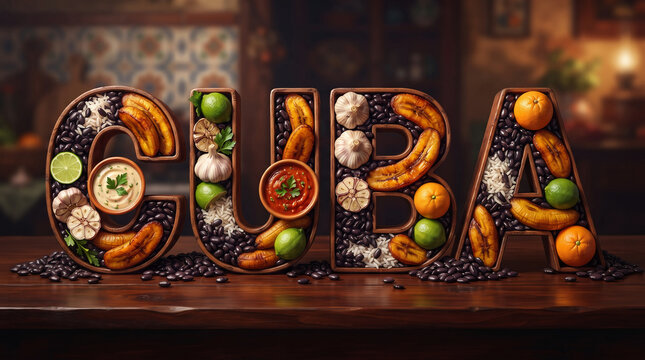 Cuba shaped by ingredients with black beans, plantains, oranges, limes