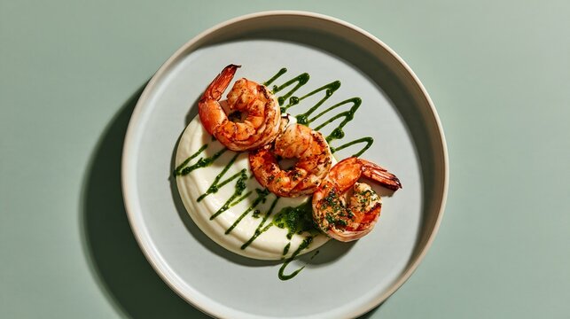 Gourmet grilled prawns served on a smooth white puree with a swirl of green herb oil, premium fine dining appetizer plating, top view
