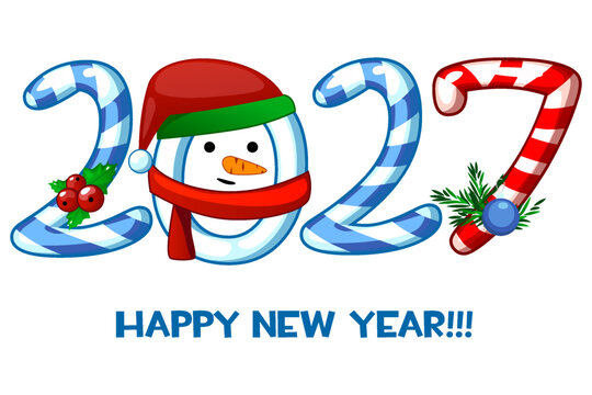 2027 New Year Candy Cane Numbers with Cute Snowman