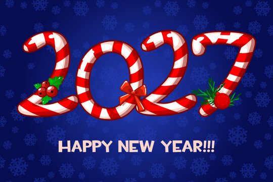 2027 New Year Candy Cane Numbers on Winter Blue Background
