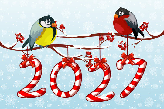 2027 New Year Christmas Birds on Winter Branch