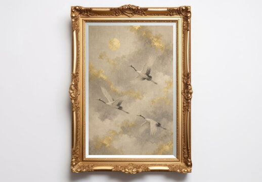 Elegant Framed Artwork Mockup In PSD Format With A Gold Ornate Frame