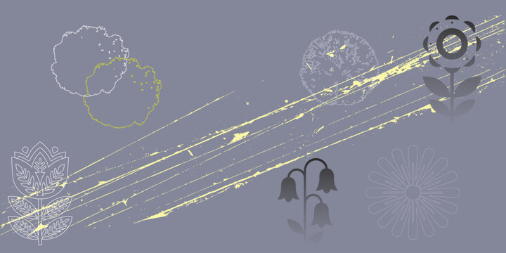 Stylized floral silhouettes and abstract brush strokes on a muted purple background, with subtle yellow accents
