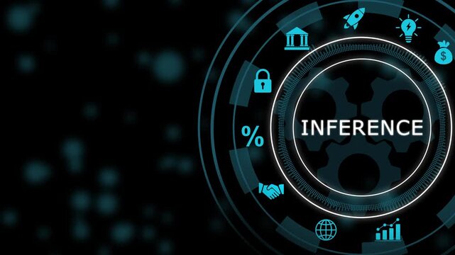 Advanced artificial intelligence inference concept featuring digital hud interface with rotating gears, data analytics and futuristic cybernetic network connectivity for modern business technology