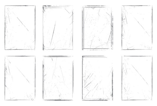 Set of eight distressed rectangular frames featuring grunge textures and subtle scratch marks on a white background