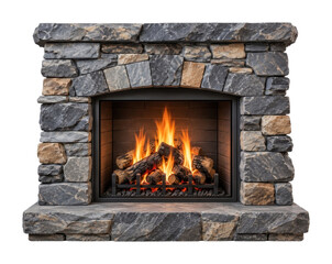 Obraz premium PNG Rustic stone fireplace with glowing flames and burning logs