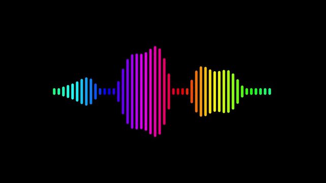 High Contrast Audio Waveform Animation, Colorful Rainbow Sound Bars Pulsing on Black Background, Clean Music Equalizer Visualizer Motion Graphics