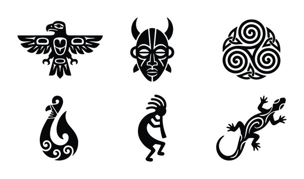 Tribal Vector Icons: Indigenous Art, Cultural Symbols, Maori Hei Tiki, Kokopelli, Celtic Knot, Eagle Totem, Lizard