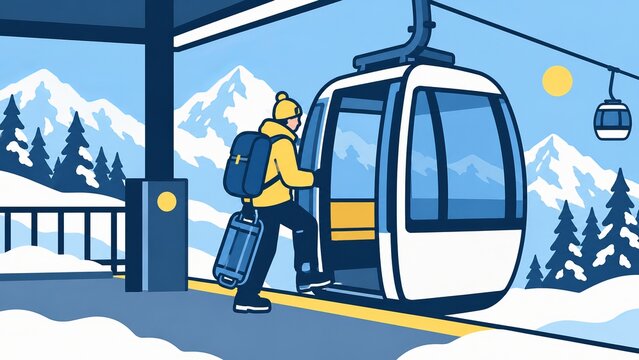 Traveler Carrying Foldable Sled onto Cable Car
