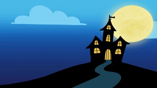 Animated cartoon bats flying with landscape Hallowen background 