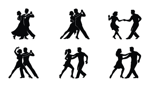 Elegant Couple Dance Silhouettes, Ballroom Dancing Pair Icons, Romantic Partner Movement Vector Set