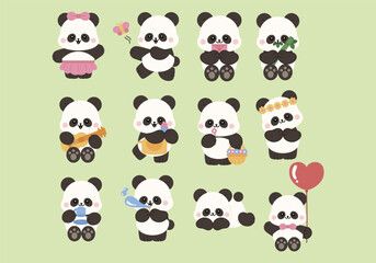 Obraz premium Flat Cute Panda Characters Illustration Set