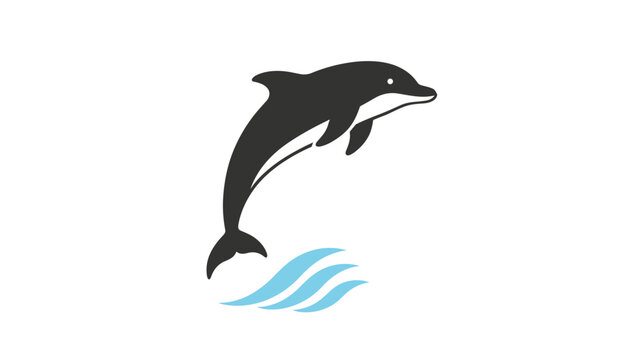Minimalist black and white vector illustration of a jumping dolphin over stylized blue waves, representing nature and marine life.