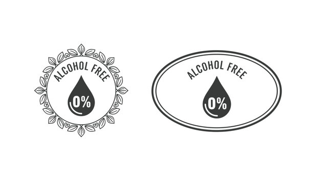 Set of two alcohol free labels with a zero percent drop symbol, designed with elegant wreath and oval frames for beverage branding.