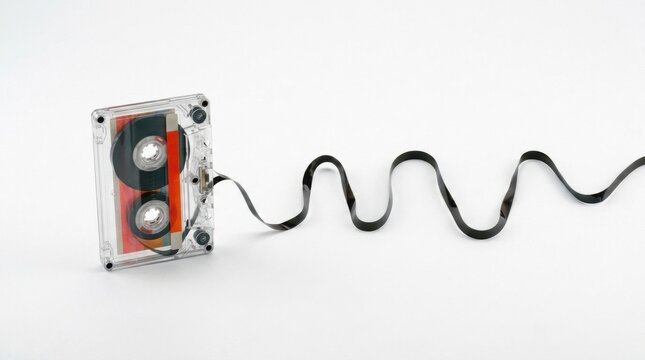 A vintage audio cassette tape with its magnetic ribbon partially unwound and creating a wavy line against a plain background.
