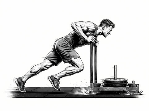 Muscular athlete performing a heavy sled push exercise for strength training.