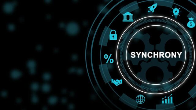 Futuristic digital interface featuring synchrony concept with rotating gear mechanisms and animated business for corporate technology presentations, financial data analysis, and global connectivity