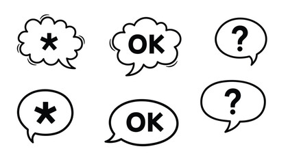 Obraz premium Set of six speech bubbles with asterisks, ok, and question marks, ideal for highlighting information or questions in diagrams.