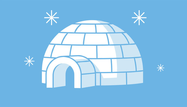 Cute ice igloo illustration in a snowy setting with snowflakes, representing Arctic habitats and winter themes for children design.