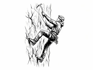 Fototapeta premium A detailed black and white illustration of a mountaineer climbing a steep rock face.