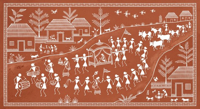 Village wedding procession with drummers in Warli tribal art