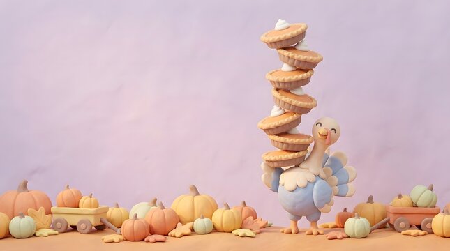 Cute cartoon turkey holding a tall stack of pumpkin pies for thanksgiving.