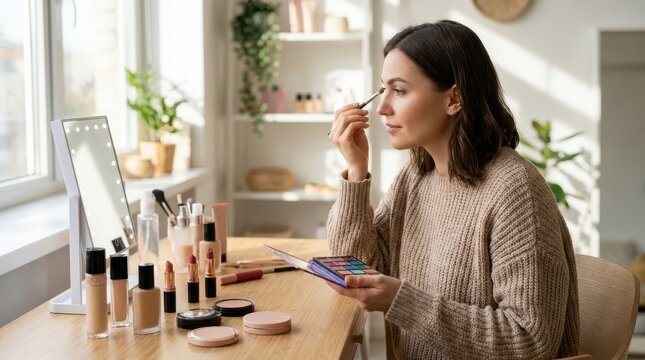 Woman applying eye makeup using brush at vanity mirror