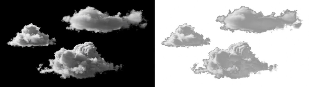 Set of three realistic white cumulus clouds isolated on black and transparent background for digital compositing and sky replacement