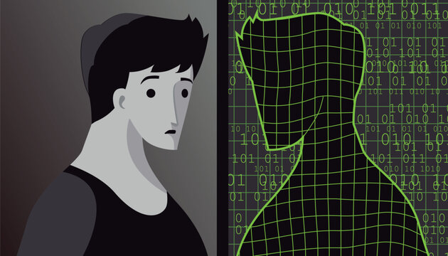 man discovering he lives inside a digital simulation through his own image