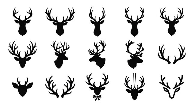 A diverse collection of black deer head silhouettes displaying a variety of antler shapes and sizes set against a clean white backdrop
