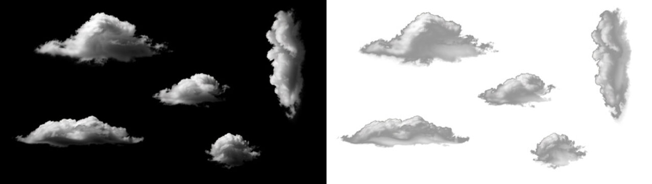 Set of various white fluffy clouds isolated on transparent background, collection of realistic cloud shapes for design and photo manipulation