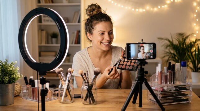 Smiling woman recording beauty tutorial using ring light